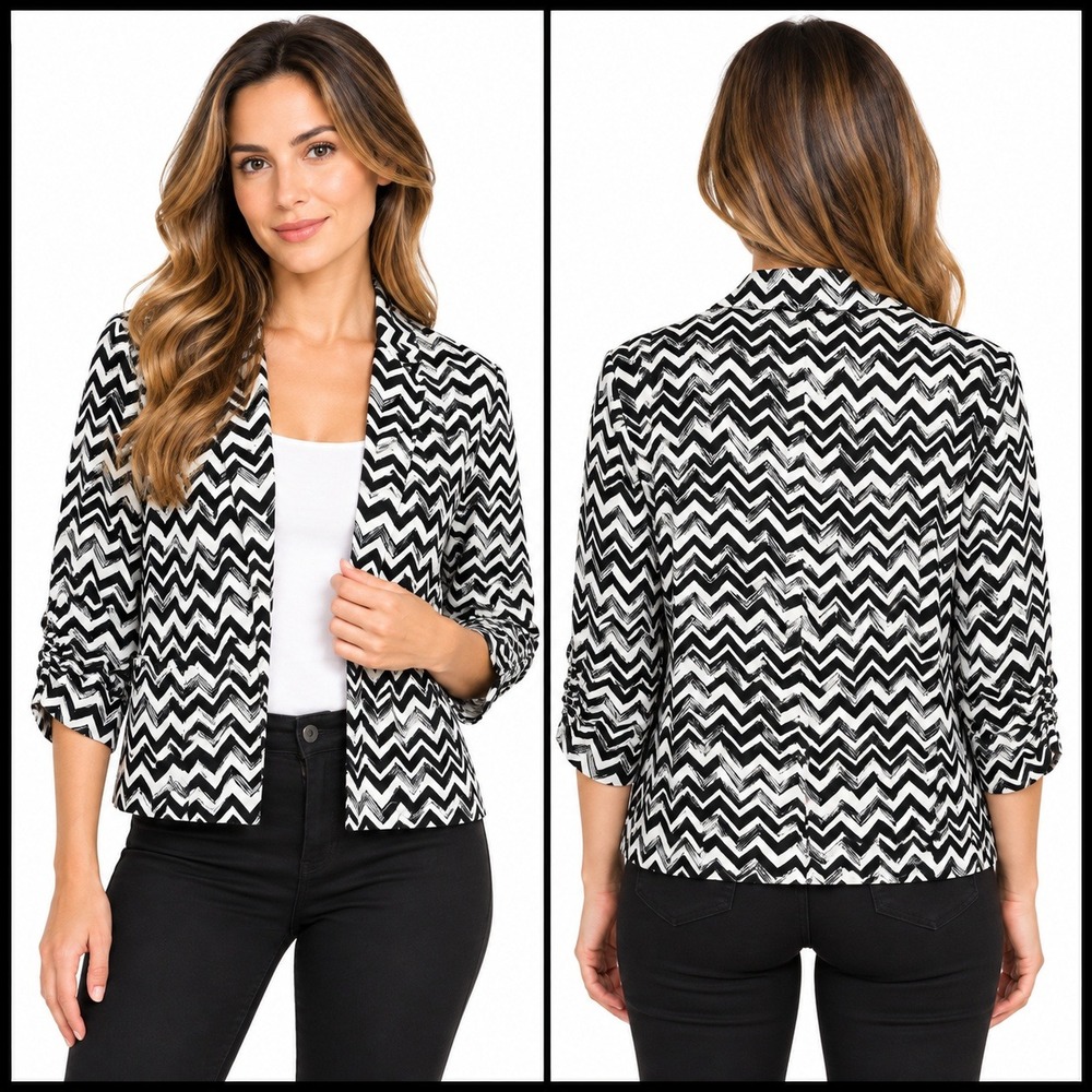 Chico's Size M Medium Blazer Black White Geometric Chevron Stretch Open Front Ja
